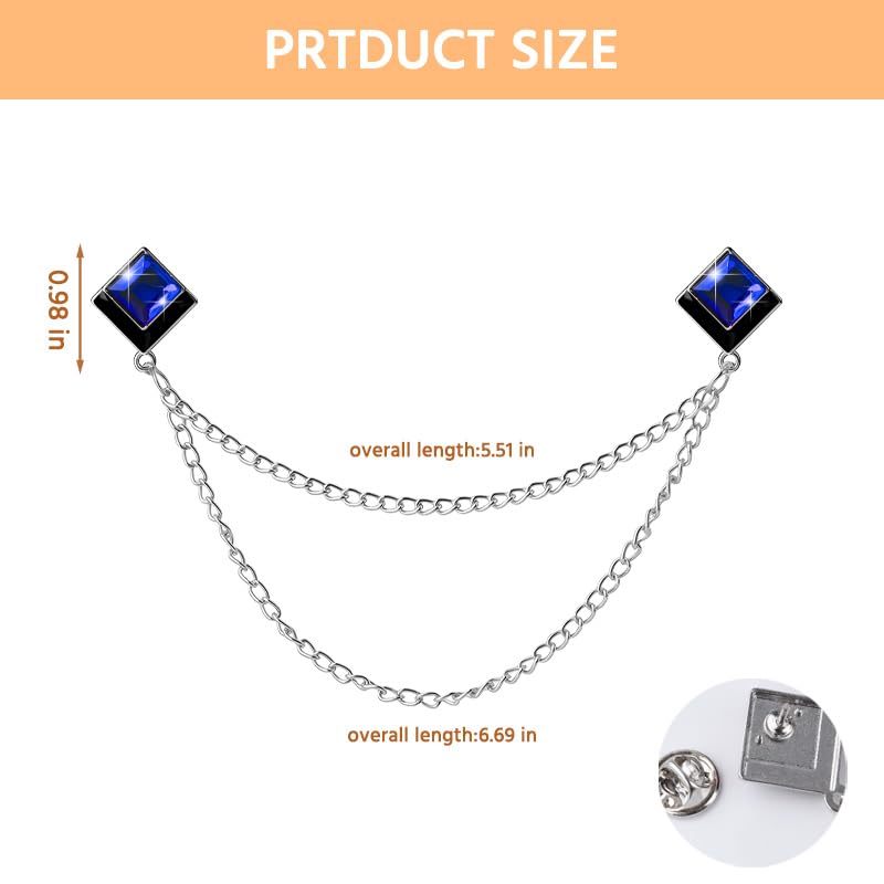 Image of Gem Brooch Pins Hanging Chain Lapel Pin for Men Suits Shirt Collar Brooch Square Crystal Brooch Pin Rhinestone Lapel Pins for Men Tassel Chain Brooch Collar Pins Business Suit Shirt Accessories