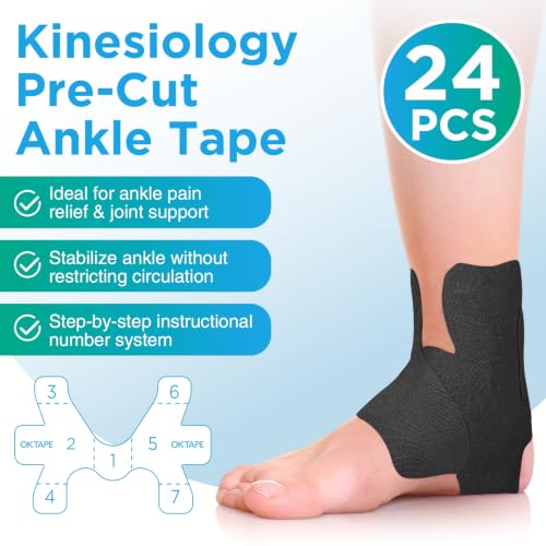 Image of OK TAPE Precut Kinesiology Ankle Tape, 24 Pcs, Pain Relief, Prevent Ankle Sprain, Provide Support for Ankle Ligament, Elastic Athletic Tape, Breathable Cotton, Daily Use - Black