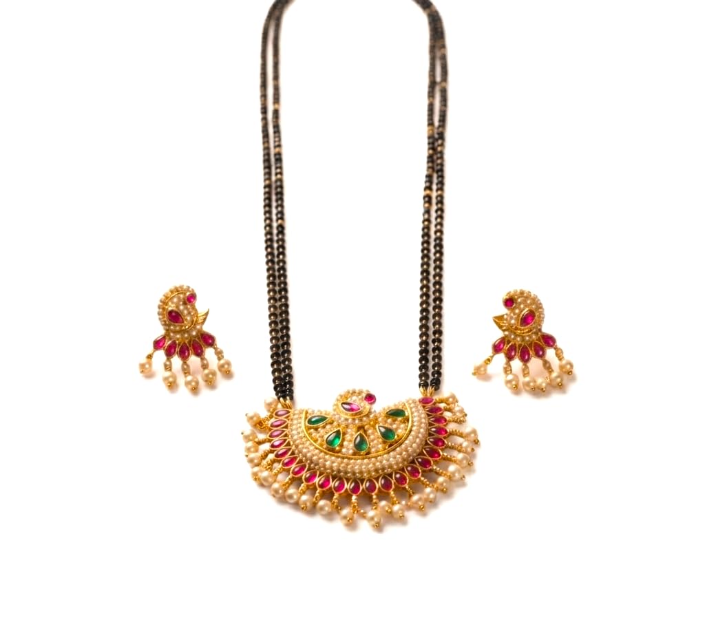 Long Mangalsutra with Double Black Bead Chain, Gold-Toned Pendant with Ruby and Pearl Accents, Earrings Included-image-13