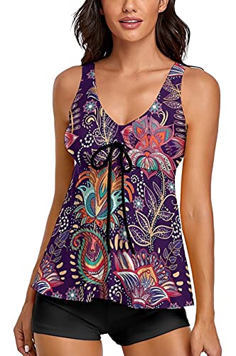 Image of Modest Tankini Swimsuits for Women Two Piece Bathing Suits Floral Print Tank Top with Boyshorts Tummy Control Swimming Suits