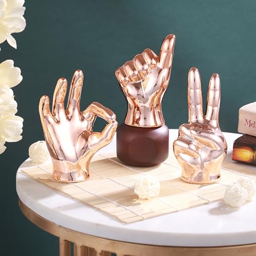 Image of TIED RIBBONS Set of 3 Hand Sign Gesture Showpiece Statue Collectible Figurines (Ceramic, Copper) for Home Decor Living Room Bedroom Wall Shelf Office Table Top Decoration Gifting Items, Religious