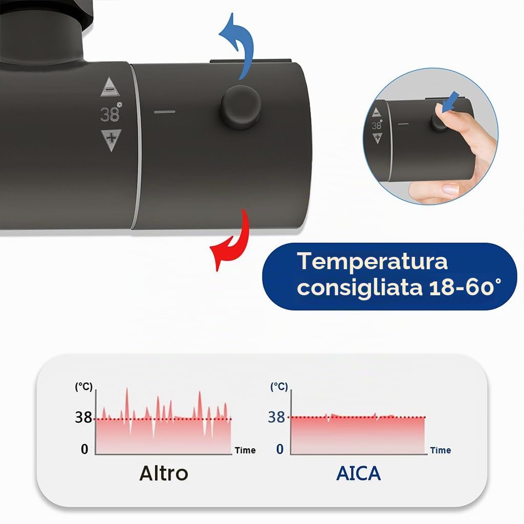 AICA Colonna Doccia con Miscelatore Termostatico, Rubinetto Doccia Soffione Doccia Quadrato in Acciaio Inox 20x20cm, Doccetta Tonda da 108mm, Altezza Regolabile 735-1170mm, Set Doccia Completo Nero