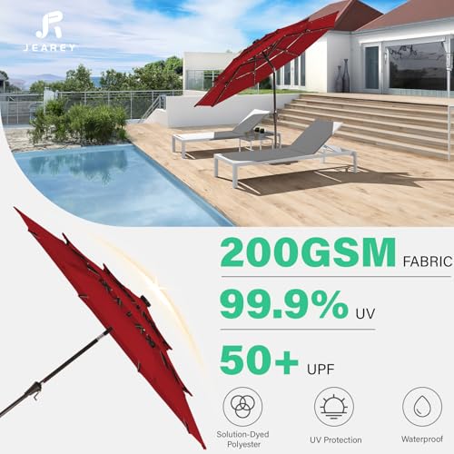Image of JEAREY 3 Tiers Patio Umbrella with Solar Lights 9ft Outdoor Market Table Umbrellas with Push Button Tilt for Outside Pool Garden, Red