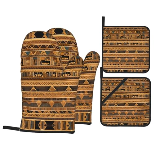 Egyptian Frescoes - Juego de 4 manoplas de cocina impermeables y resistentes al calor, guantes para hornear con agarre antideslizante