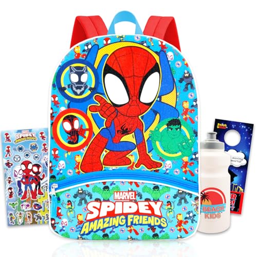 Mochila infantil Aranha e Seus Amigos – Pacote com 40,6 cm Mochila Escolar Spidey and His Amazing Friends Plus Adesivos, Garrafa de Água e Mais | Conjunto de Mochila Homem-Aranha para Meninos