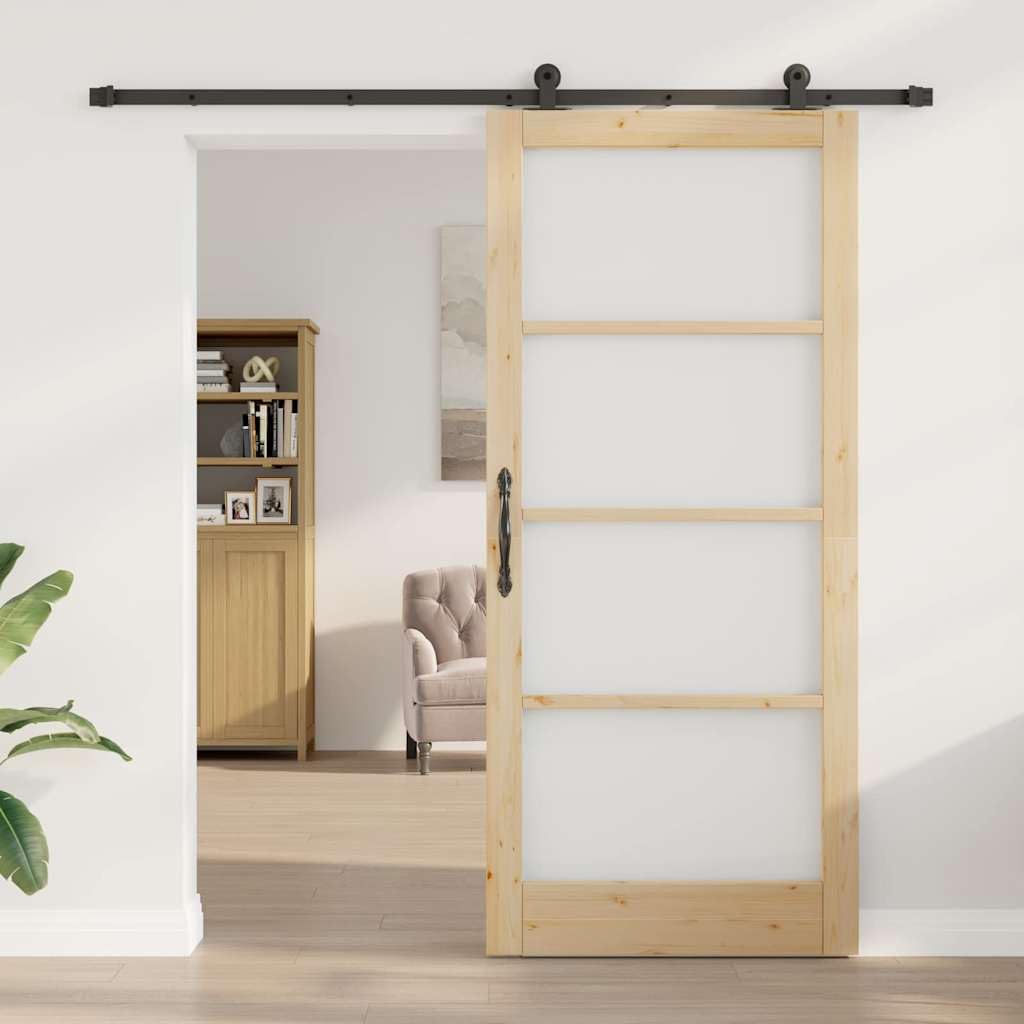 Drzwi przesuwne ORKDAL naturalne 93 x 211 cm lite drewno sosnowe i szkło z systemem przesuwnym, nowoczesne drewniane drzwi szklane do wnętrz, ciche przesuwanie, trwała konstrukcja