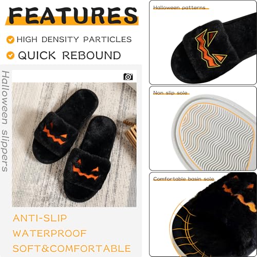 Spooky Halloween Slippers - Soft Fuzz Open Toe Slides for Women, Men & Kids - Goth, Pumpkin & Bat Designs2