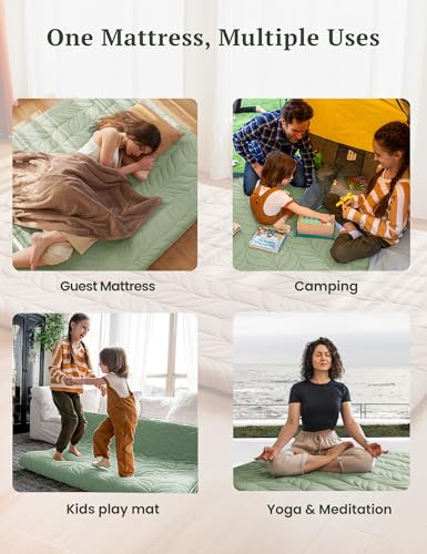 Image of ZonLi Japanese Floor Mattress Futon Mattress King Size, 6 inch Thicken Roll Up Tatami Mat 100% Cotton Washable Cover, Portable & Foldable Floor Bed Mattress for Sleeping, Dormitory, Adult Kids, Green