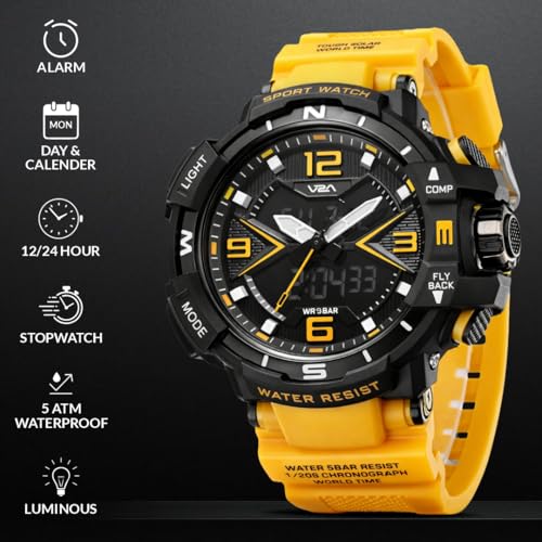 Image of V2A Stryke 50mm Analog Digital Watch for Men | Red X Tactical Dial Design | Alarm Stopwatch Backlight Day Date | Rugged Sports Watch with TPU Strap | 50M Water Resistant | Gift for Mens