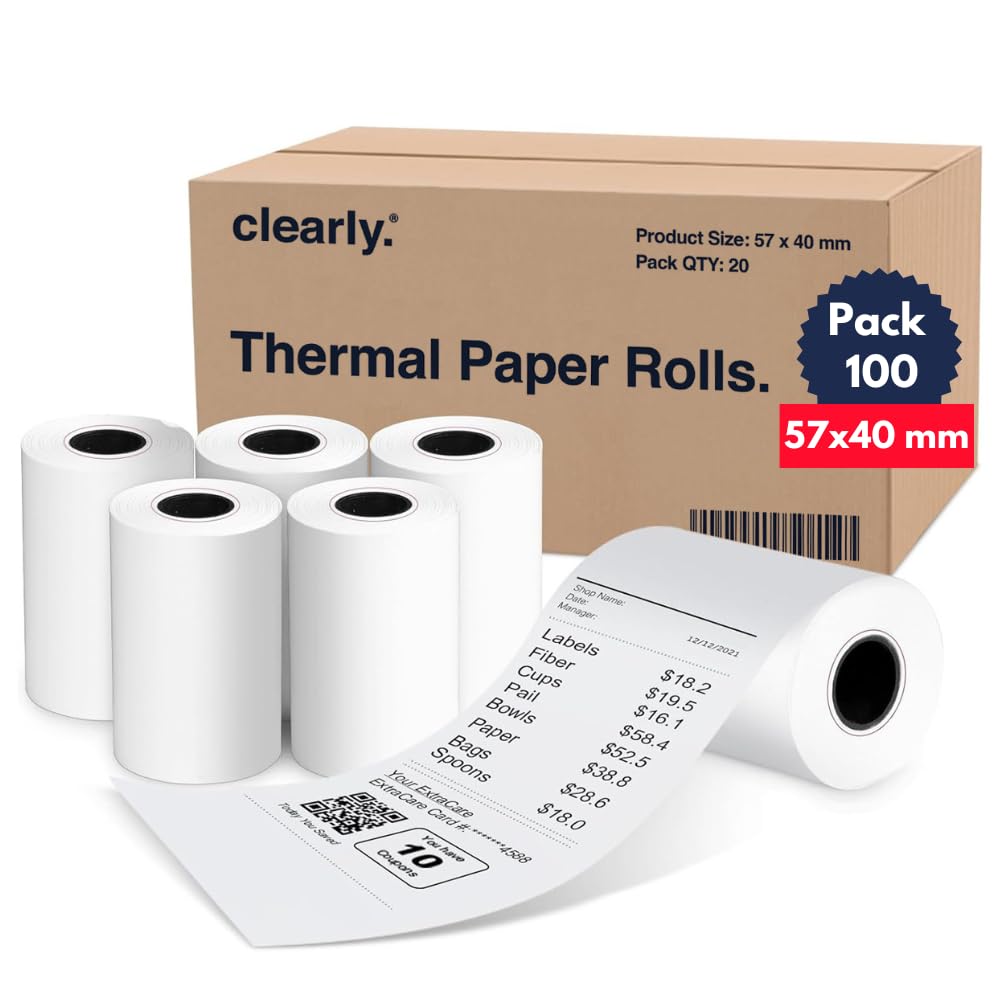Clearly Till Roll, Box of 100 Till Rolls, 57x40mm, Thermal Paper for POS Systems, BPA-Free White Paper Roll