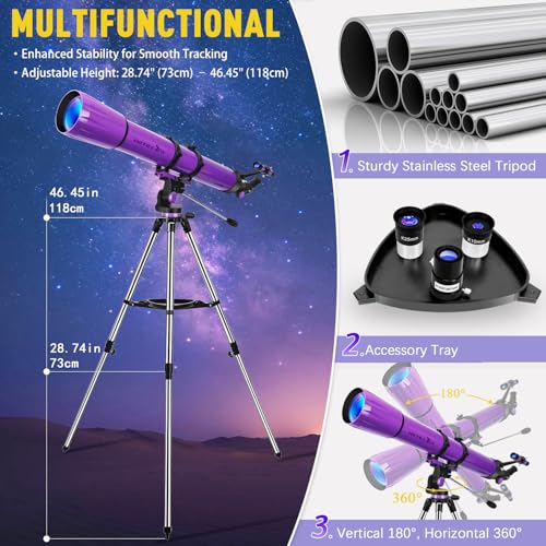 Image of HETEKAN Telescope, Telescope for Adults High Powered, 90mm Aperture 1000mm Refractor Telescopes for Beginners, Magnification 500X, with Three Eyepieces, Phone Adapter & Carrying Bag (Purple)