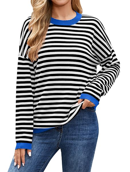 Actcat Pullover Damen Langarmshirt Gestreiftes Sweatshirt Damen Rundhals Baumwolle Oberteile Baumwolle Casual Stricken Pulli