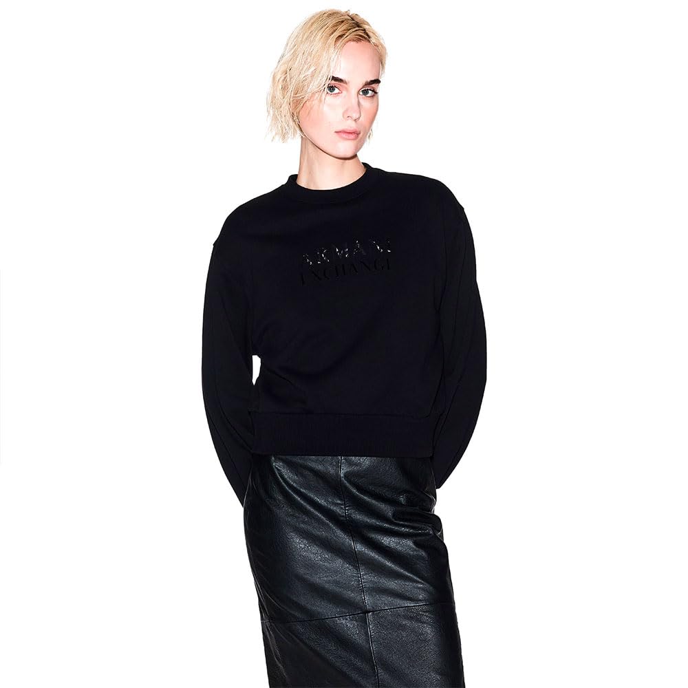 Armani Exchange Sudadera con Cuello Redondo para Mujer, Manga Larga, con Logotipo Frontal, Color Negro, S, Negro, S