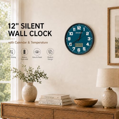 Image of Cloud Space 12 inch Silent Wall Clock Battery Operated, Non Ticking Modern Wall Clock with LCD Calendar & Fahrenheit Temperature Display, Easy-to-Read Kitchen Bedroom Office Living Room Wall Clock