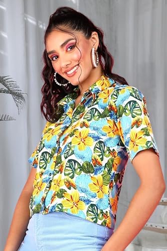 Image of POPWINGS Ethnic Printed Cotton Half Sleeves Regular Fit Crop Shirts for Women Stylish Western Casual Wear