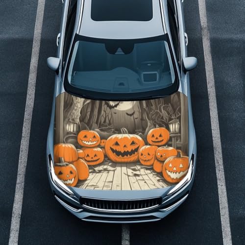 Image of Halloween Pumpkin Hood Cover Elastic Fabric, Forest Bat Moon Car Cover Suitable for Most Vehicles Sedans Trucks SUVs, Car Decorate Accessories