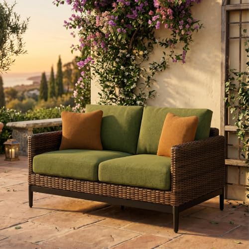 Signature Design by Ashley Horizon Hall Casual Outdoor Loveseat with Cushion, UV-Resistant Nuvella Fabric, Resin Wicker & Aluminum Frame, Ideal for Deck or Lanai Furniture, Green & Dark Brown - image 7