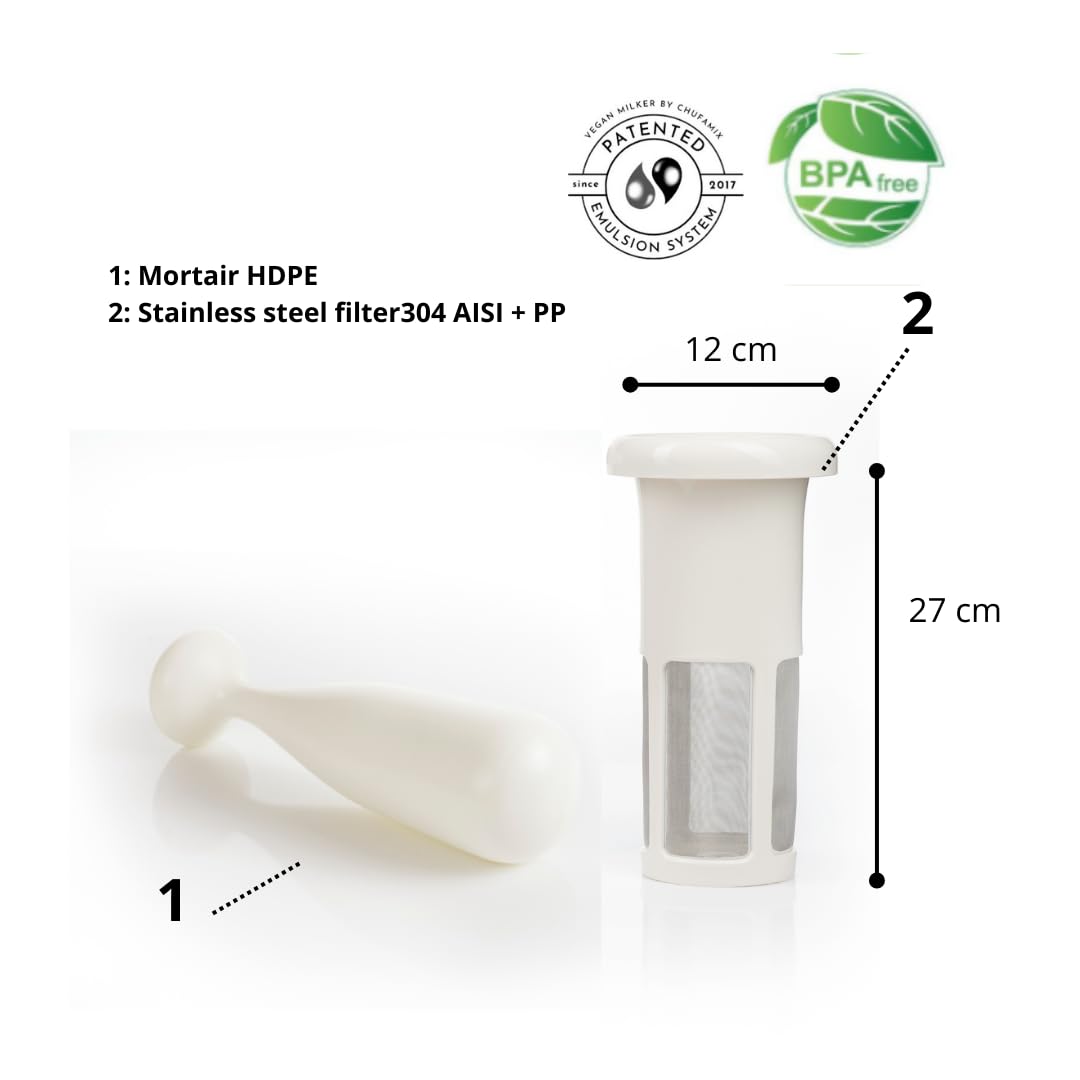 Nut Mylk Maker Nussmilchbereiter Basic, 2-teilig, Emulgierfilter für Suppen, Saucen, Vinaigrettes, Pflanzenmilch, Kaffeespezialitäten, Cocktails etc. 0,5L bis 3L in 1 Minute. QR mit Rezepten