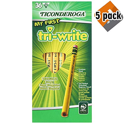 TICONDEROGA My First Tri-Write Pencils, Wood-Cased #2 HB Soft with Eraser, Yellow, 36-Count - 2 Pack (13082)