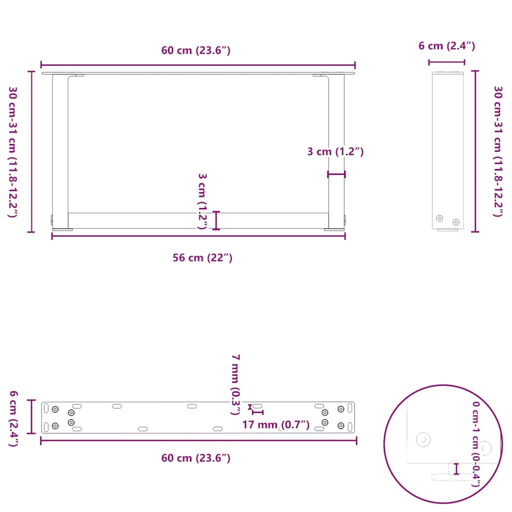 Nogi do stolika kawowego w kształcie litery U, ze stali malowanej proszkowo, antracytowe, 60 x (30-31) cm, 2 sztuki, z regulowanymi nóżkami poziomującymi, do stolika kawowego, stolika