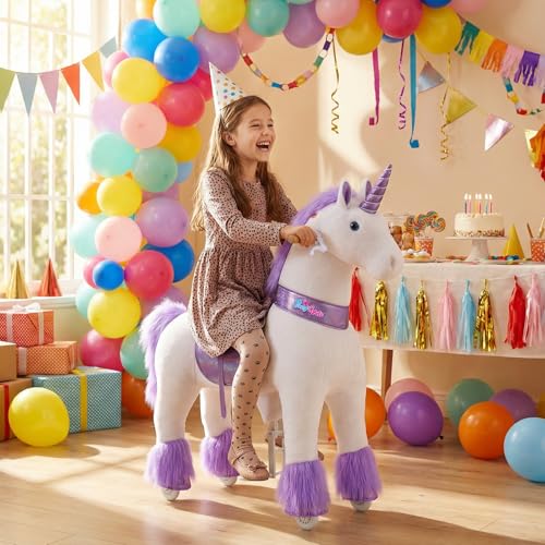 Image of PonyCycle Large Unicorn Ride on Horse for Big Kids (with Brake / 42.5 inch Height /Size 5 for Age 7-12) Ride on Unicorn Toys Riding Purple Unicorn Pony Rider Walking Animal Plush Gifts Ux506