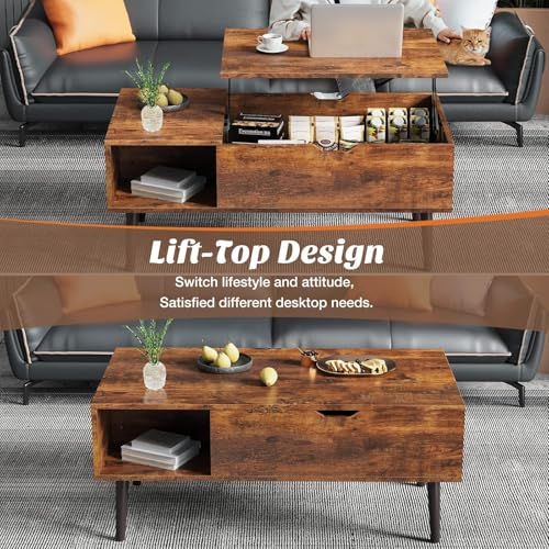 طاولة قهوة بسطح قابل للرفع لغرفة المعيشة والمكتب، طاولات مركزية خشبية صغيرة مع رف تخزين ومساحة تخزين مخفية من شولوفس (بني)