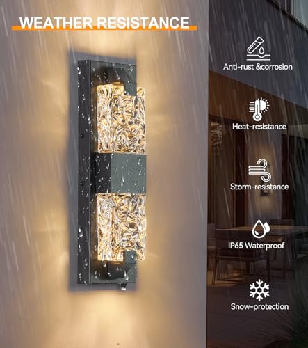 Image of Outdoor Wall Light Dusk to Dawn 12W LED | 15.3'' Exterior Wall Sconce, Crystal Modern Style, Wall Mounted, for Porch, Patio, Hallway, Backyard, Black
