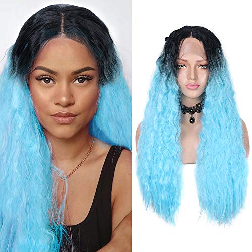 fani 26 inch Lace Front Wig Long Curly Wave Wigs for Women Black Ombre light Blue Natural with Wig Caps synthetic Adjustable wigs