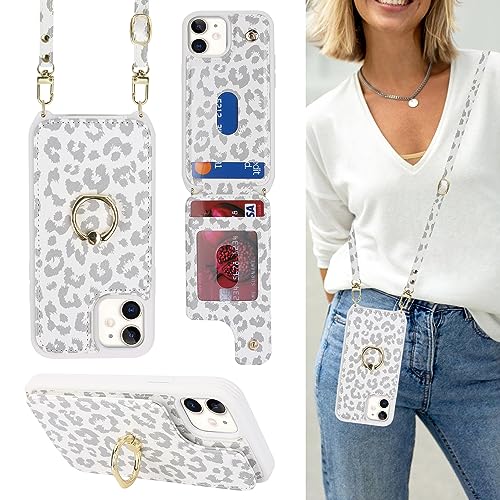 Image of for iPhone 12 Mini Case with Card Holder and Strap for Women,Crossbody Lanyard,Kickstand Ring Stand,Snap Clasp,RFID Blocking,Cute Phone Wallet Cases 5.4 inch(White Leopard)