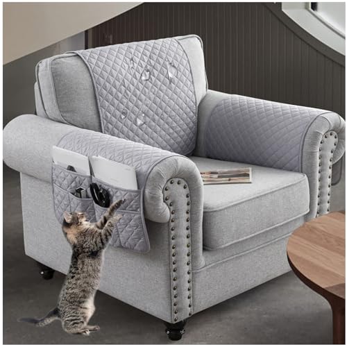 NNSMUN Sofa Armrest Cover 3/4/5Pcs, Waterproof and Nonslip Armchair Covers for Arms Headrest, Sofa Slipcover with Side Pocket, Quilted Protector for Pets Leather Couch (Light Gray,3 Seater(5pcs))