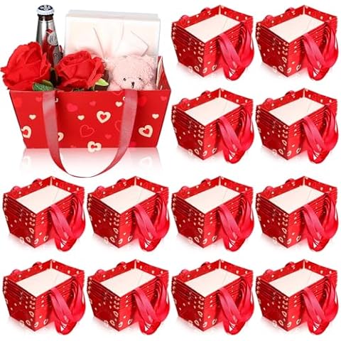 Glenmal 50 Pcs Valentines Basket for Gifts with Handles Empty Kraft DIY 9.8 x 6.5 x 4.3'' Party Gift Basket Bulk Market Tray for Valentine's Day Wedding Party Gifts Packages Wrap Anniversary Display Cover