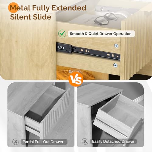 Image of VINGLI Nightstand with Charging Station, LED Nightstand Fluted with Rounded Edge, 19 inch W Mid Century Modern Night Stand for Bedroom, Fluted Bed Side Table, Oak, 18.9 inch W*15 inch D*22.4 inch H