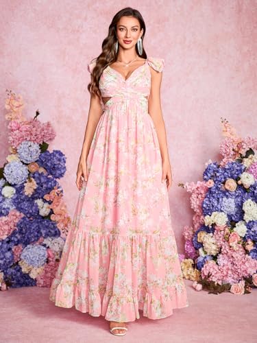 Image of Women's Summer Floral Print Straps Sleeveless V Neck Criss Cross Backless Chiffon Beach Boho Party Long Maxi Dress