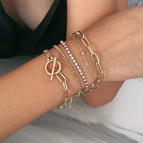 Xerling Women Toggle Chain Bracelet Paperclip Link Chain Rhinestones Tennis Chain Bangle Beads Station Bracelet Cover