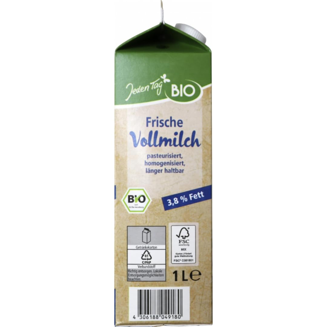 Jedden Tag Frische Vollmilch milch 3,8% Fett pasteurisiert, homogenisiert,länger haltbar 1000 Mililiter, 24 Er [ Frische Milch ]