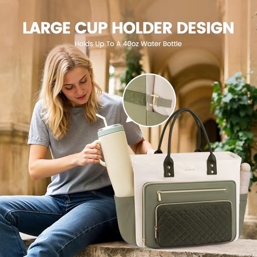 Image of LOVEVOOK 17 Inch Laptop Tote Bag for Women, Teacher Nurse Work Bags, Laptop Bag With Large Cup Holder, Professional Briefcase Business Computer Purses Handbag Gifts,Light Green-Beige-Olive Green