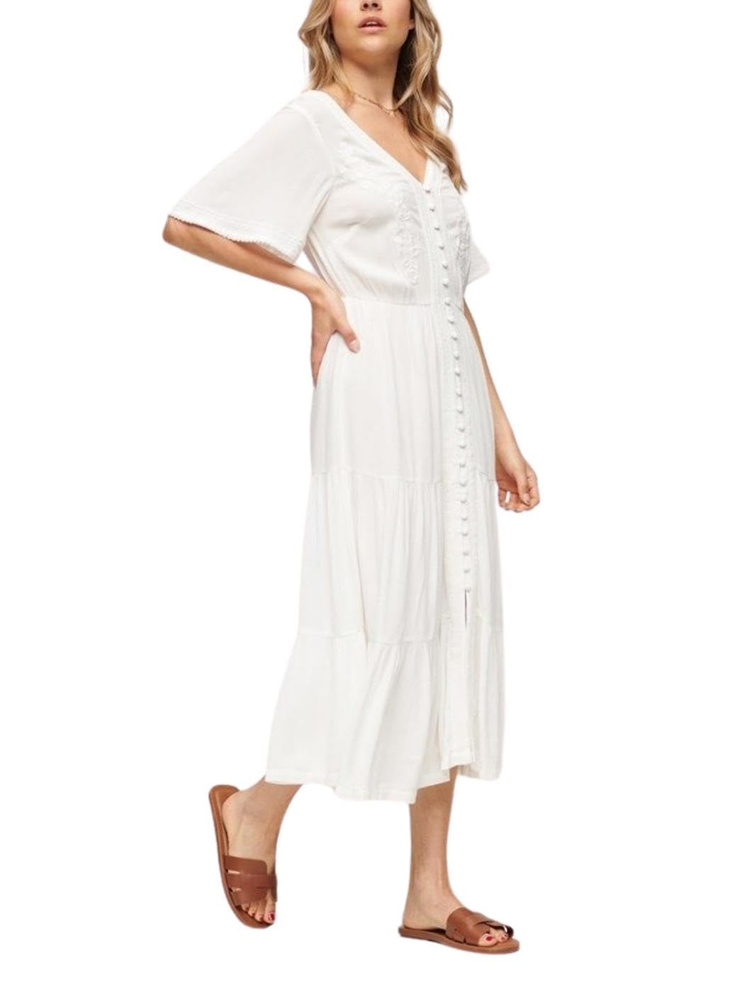 Superdry Vestido midi con escalones bordados para mujer, Color blanco lana., 40