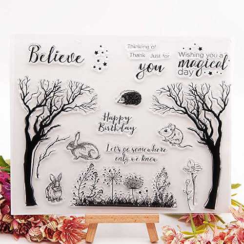 Autumn Fall Forest Tree Clear Stamps Winter Hedgehog Rabbit Flower Pattern Transparent Seal Stamps for Holiday Card Making Decoration and DIY Scrapbooking Album DIY Crafts
