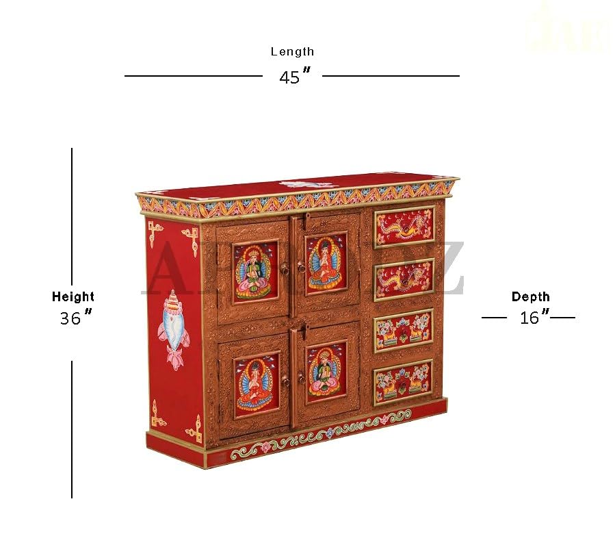 Image of APRODZ Hand-Painted Solid Wood Sideboard Cabinet with Multi Drawers | Wooden Storage Cabinet for Bedroom Living Room & Kitchen | Crockery Cabinet, Kitchen Storage | Multicolor, 45x16x36 Inches
