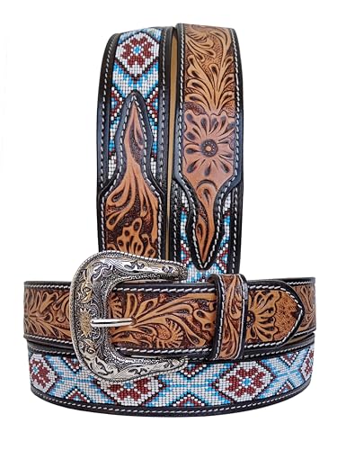 Western Tooled Leather Beaded Belt For Men and Women 30IS116