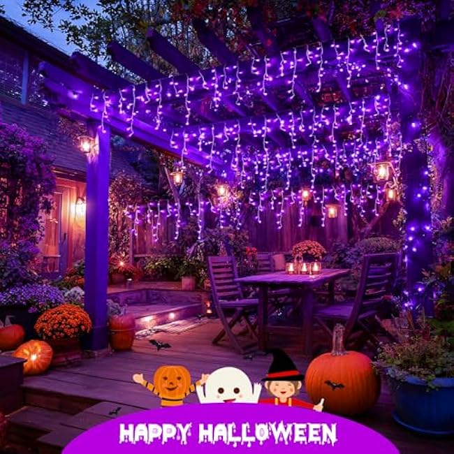 JMEXSUSS Purple Halloween Lights Outdoor, 800 LED Purple Icicle Lights Outdoor Waterproof, 8 Modes String Light Plug in for Fireplace Tree Garden Patio Halloween Decor
