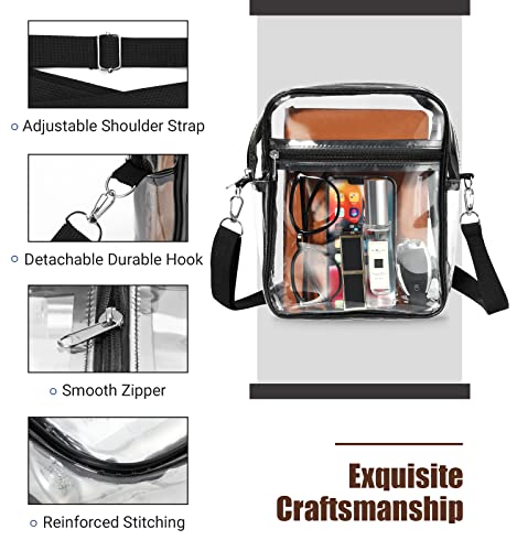 MoKo Transparente Crossbody Schultertasche, Station Genehmigte Tragetasche mit Abnehmbarem Gurt Statium Approved Klare Breiftasche für Arbeit Sport Spiele und Konzerte - Schwarz