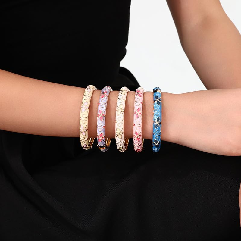 Cloisonne Bracelet For Women, 4 Petals of Flower Shaped Enamel Bling Chunky Bangle Trendy Cute Colorful Gold Plated Vintage Bracelets Stackable Wife Jewelry Friendship Gift - Image 2