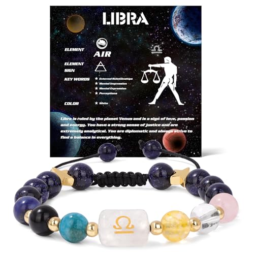GolbalJew Libra Zodiac Bracelets Healing Crystal 12 Constellations Protection Stone Beads Bracelet for Women Birthday Zodiac Gifts Horoscope Spiritual Jewelry