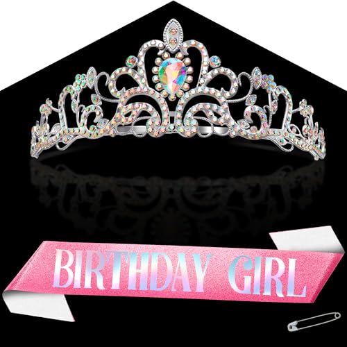 Birthday Girl Sash and Crown - Cute Pink Sash and Crown for Women Crafted From Silky Satin with Glitter Letters & Sparkling Rhinestone - Charming Gift, Elegant Accessory for Birthday & Photo Shoot