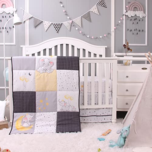 Image of La Premura Starry Elephant Baby Nursery Crib Bedding Set, 3 Piece Gender-Neutral Standard Size Crib Bedding Sets, Black & White