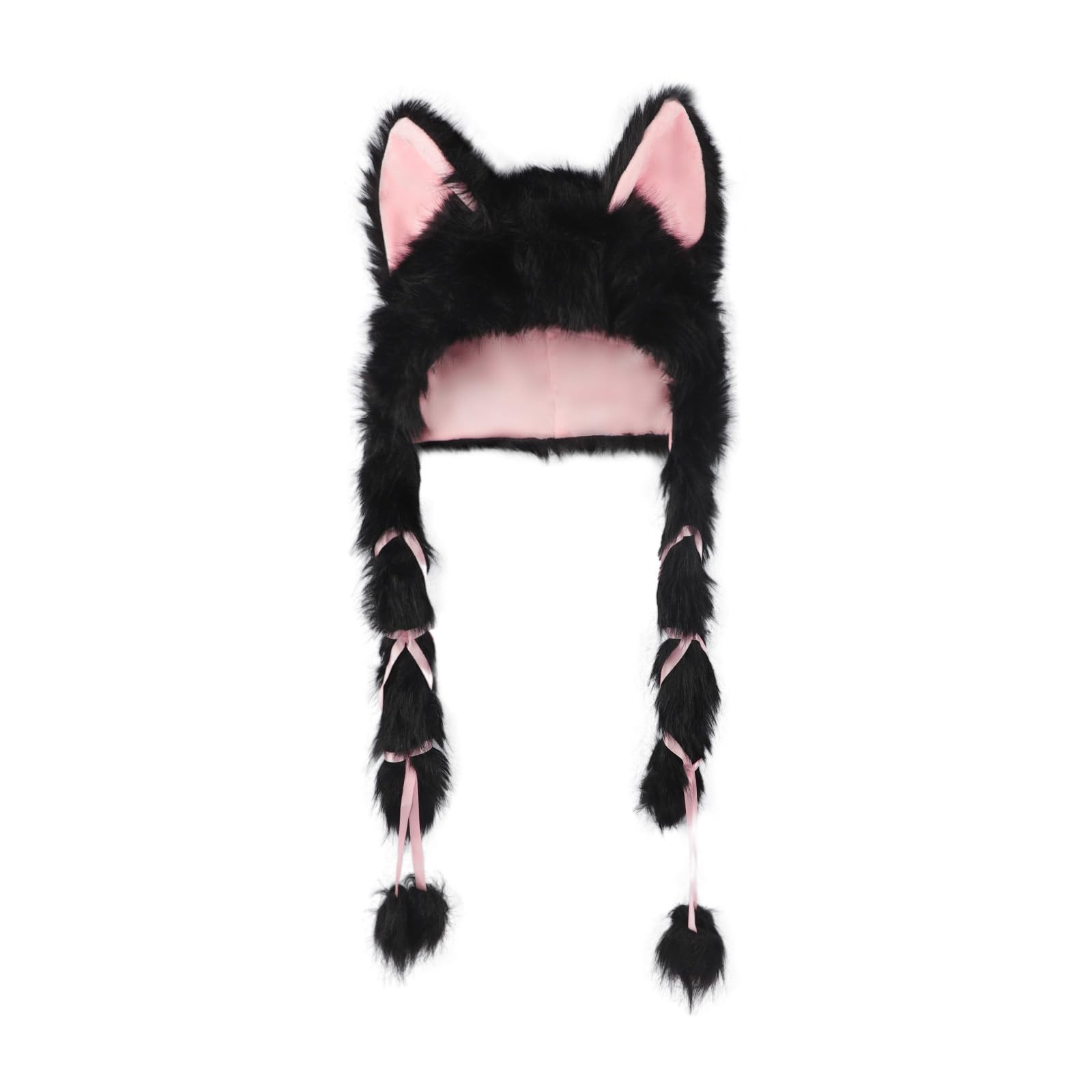 Lovely Furry Cat Ear Beanie Hat with Braided Tassels Plush Faux Fur Hood Cute Animal Fox Ears Winter Warm Cap for Halloween Party Cosplay Costume Head Accessories