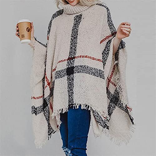 Women Fashion High Neck Pullover Sweaters Oversized Knitted Fringed Poncho Cape Shawl Wrap Warm Loose Turtleneck (Color : Beige, Size : 135Wx85L)2