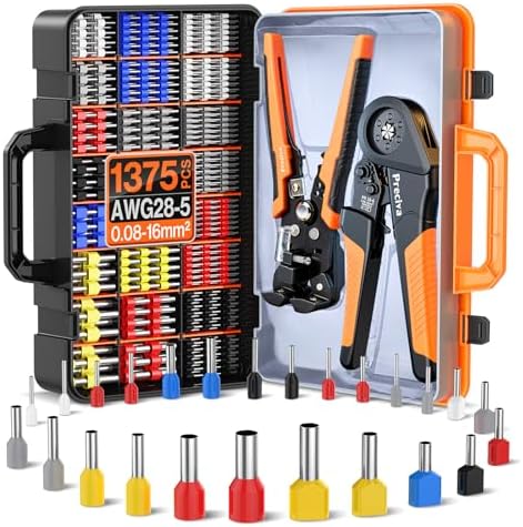 Crimpzangen Aderendhülsen Set, Preciva 0.08-16mm² Crimpzange Sechskant Aderendhülsenzange mit Aufbewahrungsbox, Abisolierzange und 1110 Stück Einzeilige Aderendhülsen + 265 Stück T