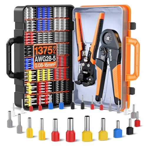 Preciva Kit Crimpadora con Pelacables, Pela Cables Electricista Automático, Crimpadora Terminales Electricos 0,08-16 mm² con 1375 Punteras, Alicates para Terminales Cables Electricos